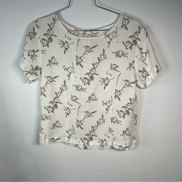 Laissez Faire Tops - Linen floral Cream and Tan Button Back Short Sleeve Top